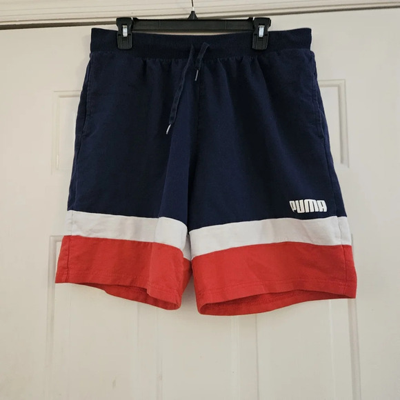 Puma Mens Blue Red White Colorblock Celebration Activewear Shorts Size XL - Picture 1 of 8